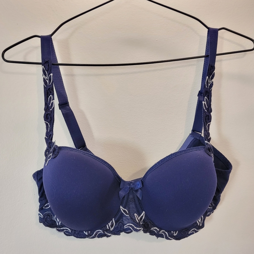 Simone Perele Andora Navy Blue Leaf Embroidered Underwired Bra - 32E